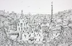 Gaudí's Parc Güell (Sketch) by Phillip Bissell - Original Drawing on Mounted Paper sized 17x11 inches. Available from Whitewall Galleries