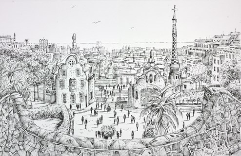 Gaudí's Parc Güell (Sketch) by Phillip Bissell - Original Drawing on Mounted Paper